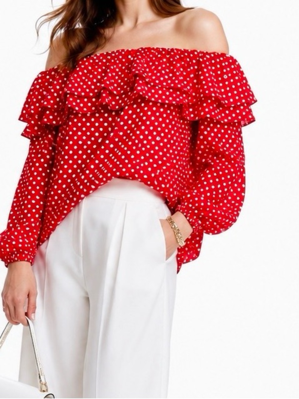 MICHAEL KORS Red & White Polka Dot Blouse Ruffle Off-Shoulder Top